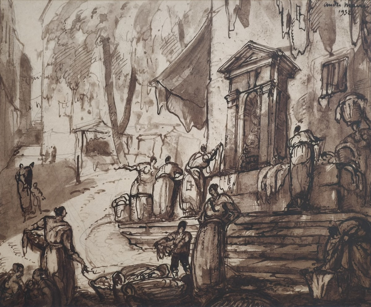 Vue de fontaine, encre et lavis brun, signé André Maire (1898-1984), daté de 1932