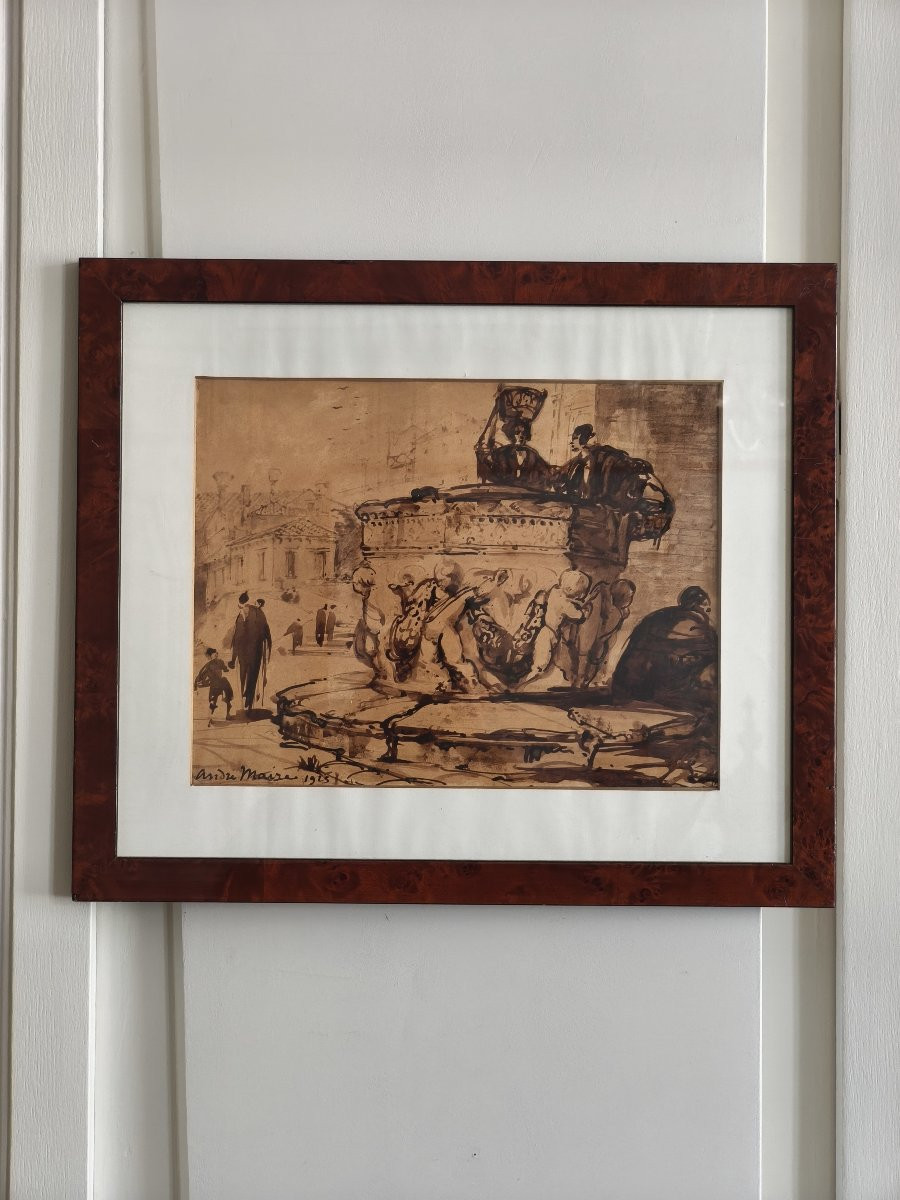 Vue de fontaine (Venise), encre et lavis brun, signé André Maire (1898-1984), daté de1925-photo-2