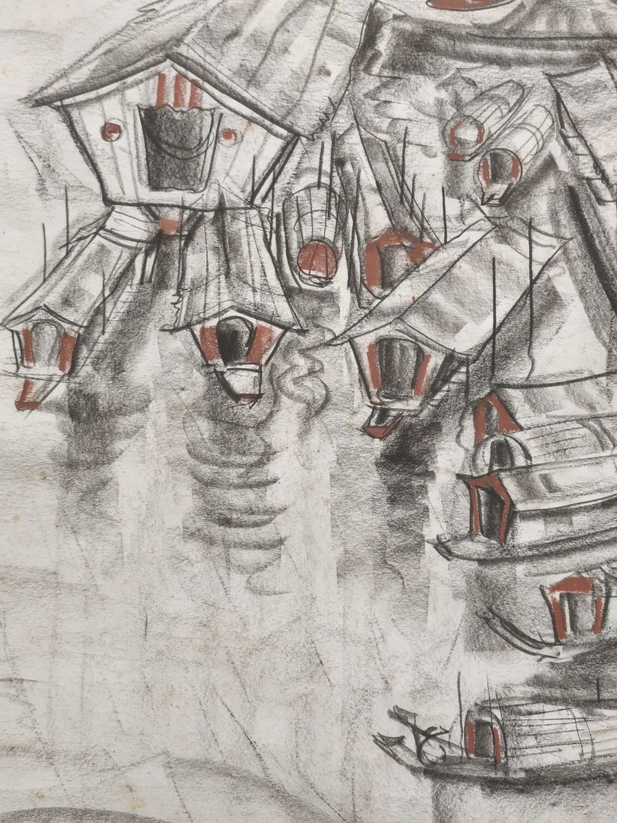 Barques sur un fleuve au Vietnam, technique mixte, signé André Maire et daté de 1959-photo-2