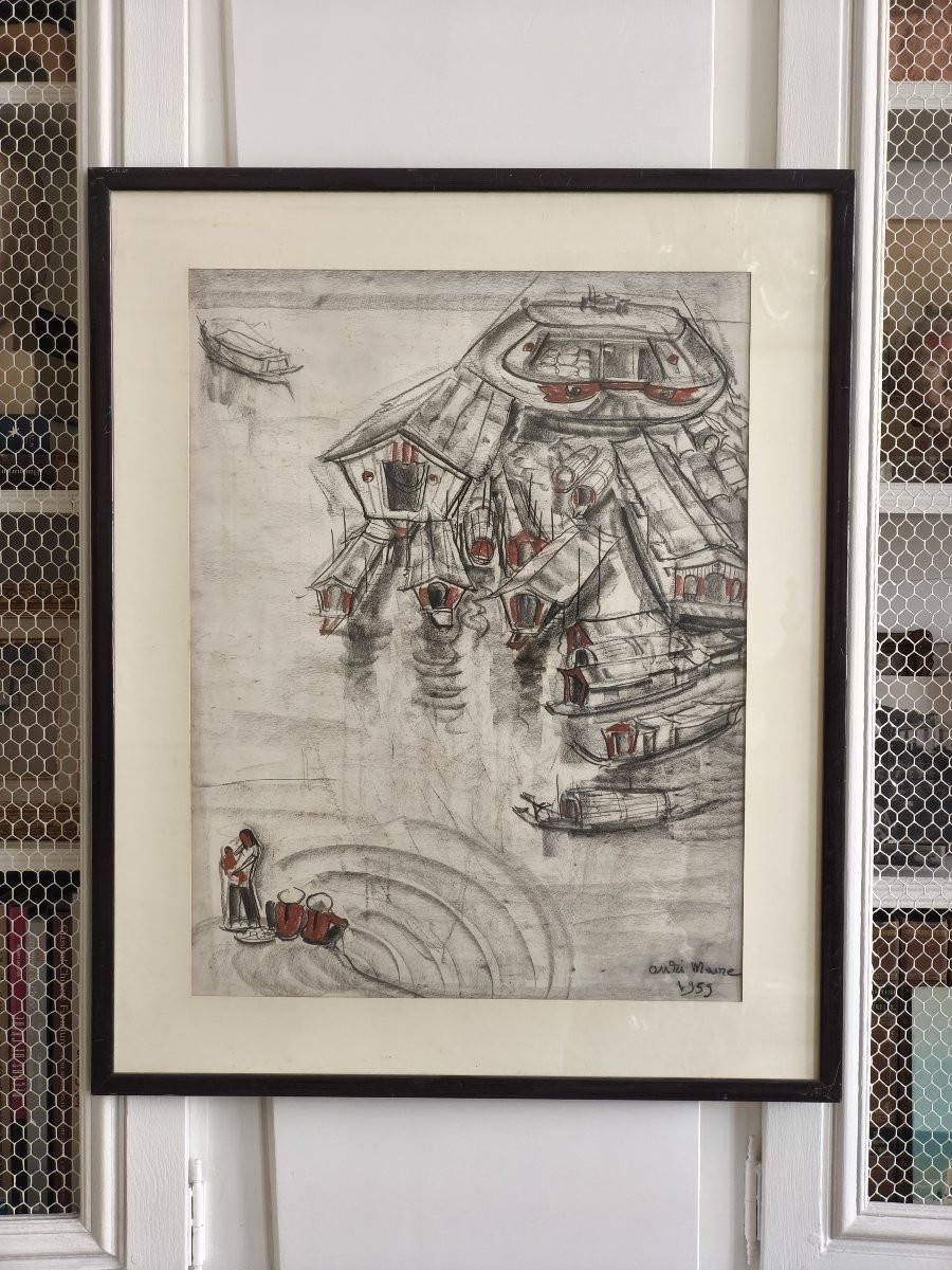 Barques sur un fleuve au Vietnam, technique mixte, signé André Maire et daté de 1959-photo-3