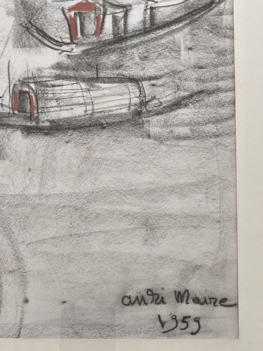 Barques sur un fleuve au Vietnam, technique mixte, signé André Maire et daté de 1959-photo-4