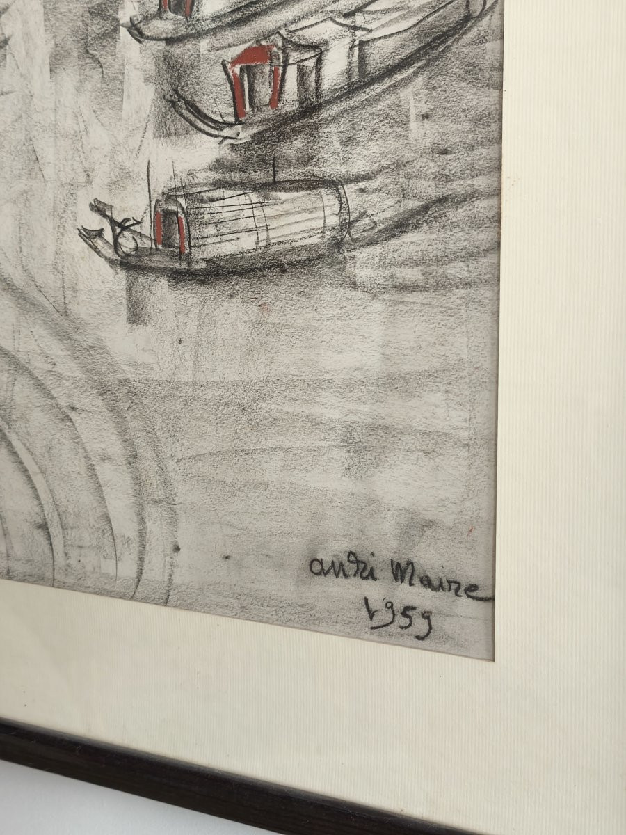 Barques sur un fleuve au Vietnam, technique mixte, signé André Maire et daté de 1959-photo-3