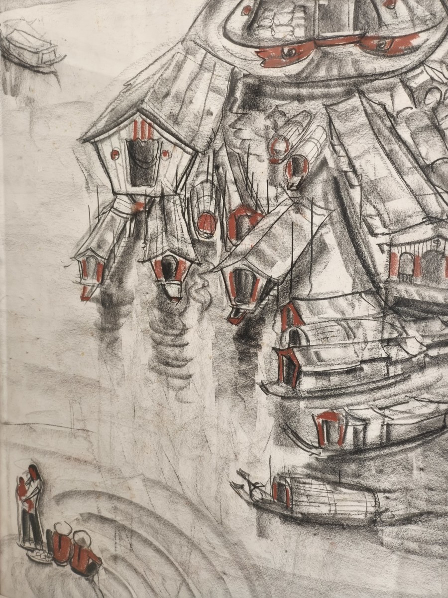 Barques sur un fleuve au Vietnam, technique mixte, signé André Maire et daté de 1959