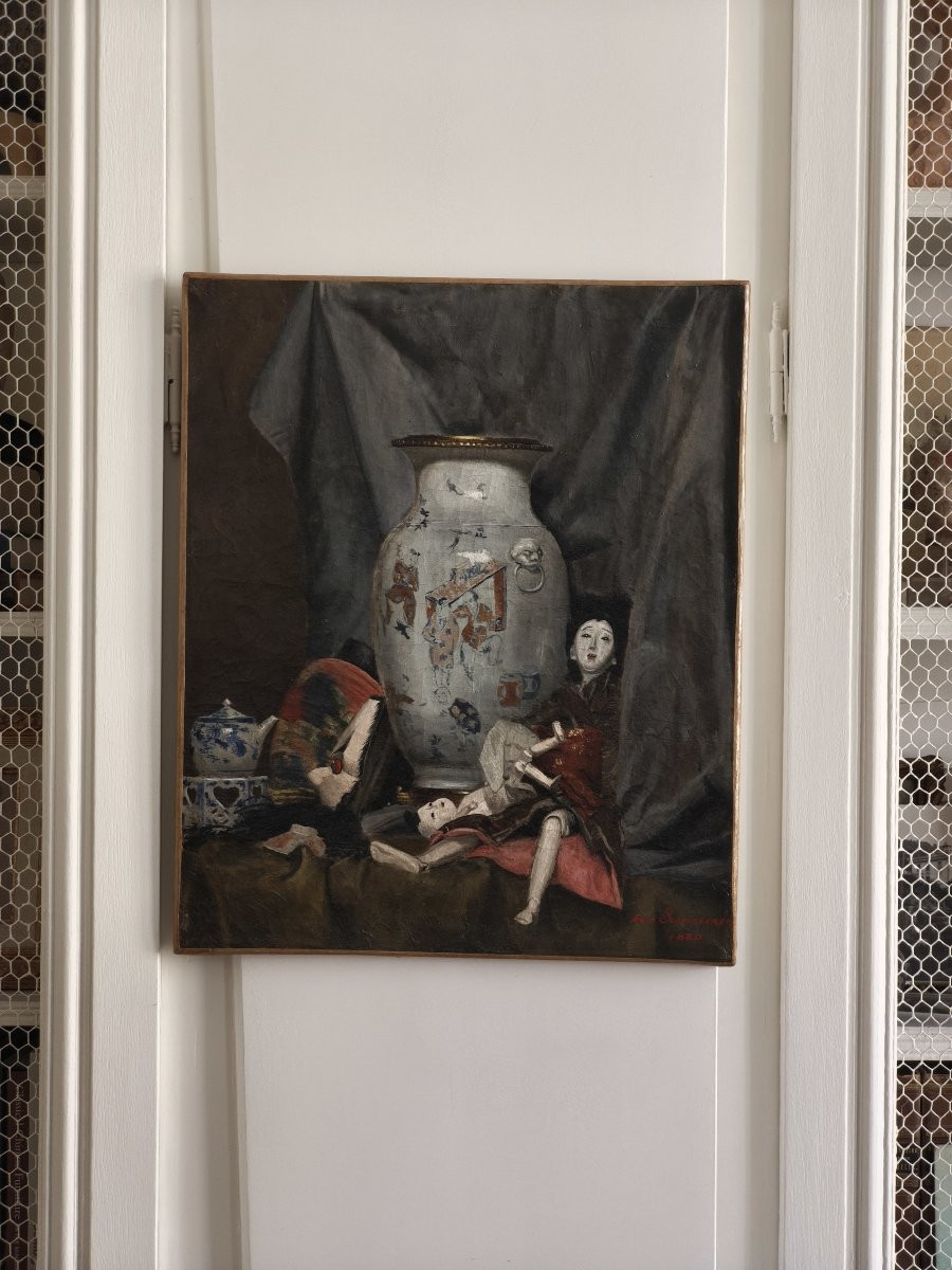 Still Life With Japanese Trinkets, Oil On Canvas, Signed Frank Scheidecker, Dated 1880-photo-3