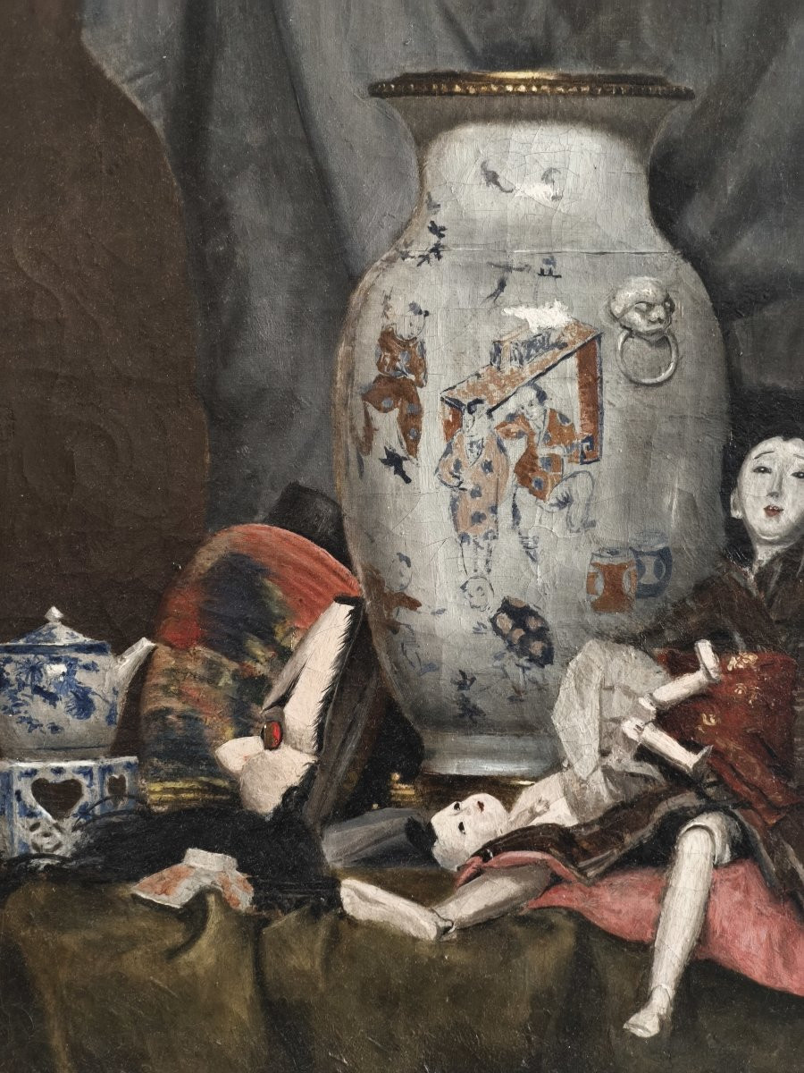 Still Life With Japanese Trinkets, Oil On Canvas, Signed Frank Scheidecker, Dated 1880-photo-4