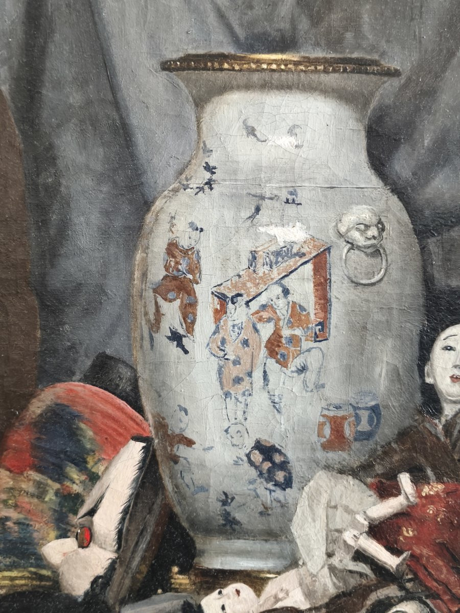 Still Life With Japanese Trinkets, Oil On Canvas, Signed Frank Scheidecker, Dated 1880-photo-2