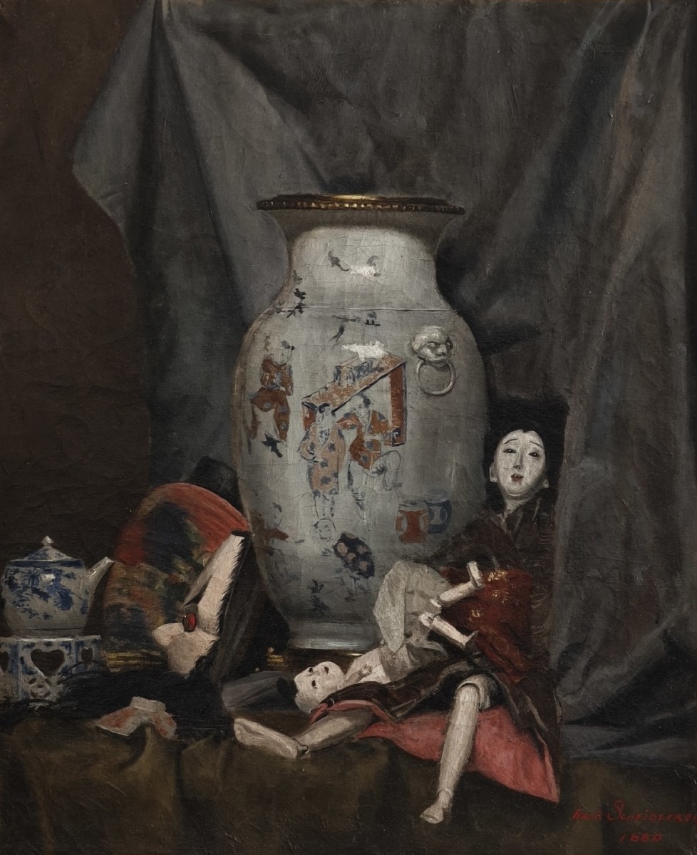 Still Life With Japanese Trinkets, Oil On Canvas, Signed Frank Scheidecker, Dated 1880
