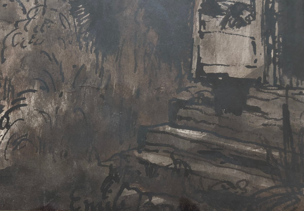 Dessin original encre et lavis, paysage au jardin et maison, signé Emile Bernard (1868-1941)-photo-2