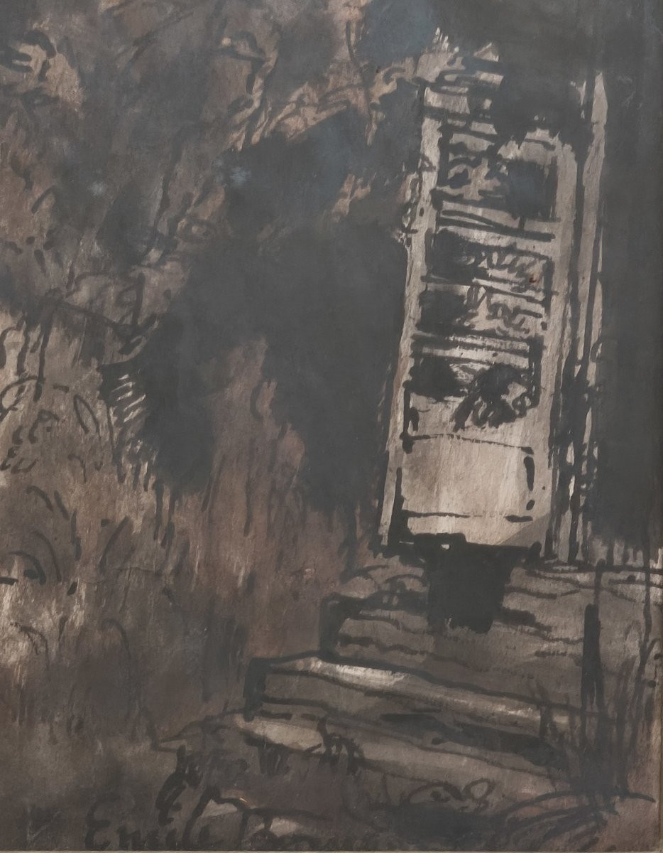 Dessin original encre et lavis, paysage au jardin et maison, signé Emile Bernard (1868-1941)-photo-4