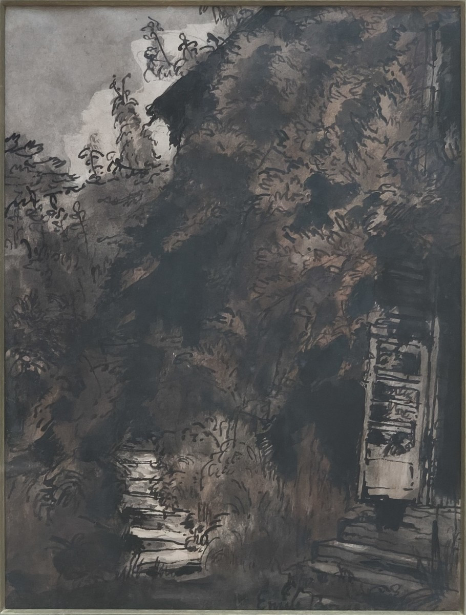 Dessin original encre et lavis, paysage au jardin et maison, signé Emile Bernard (1868-1941)