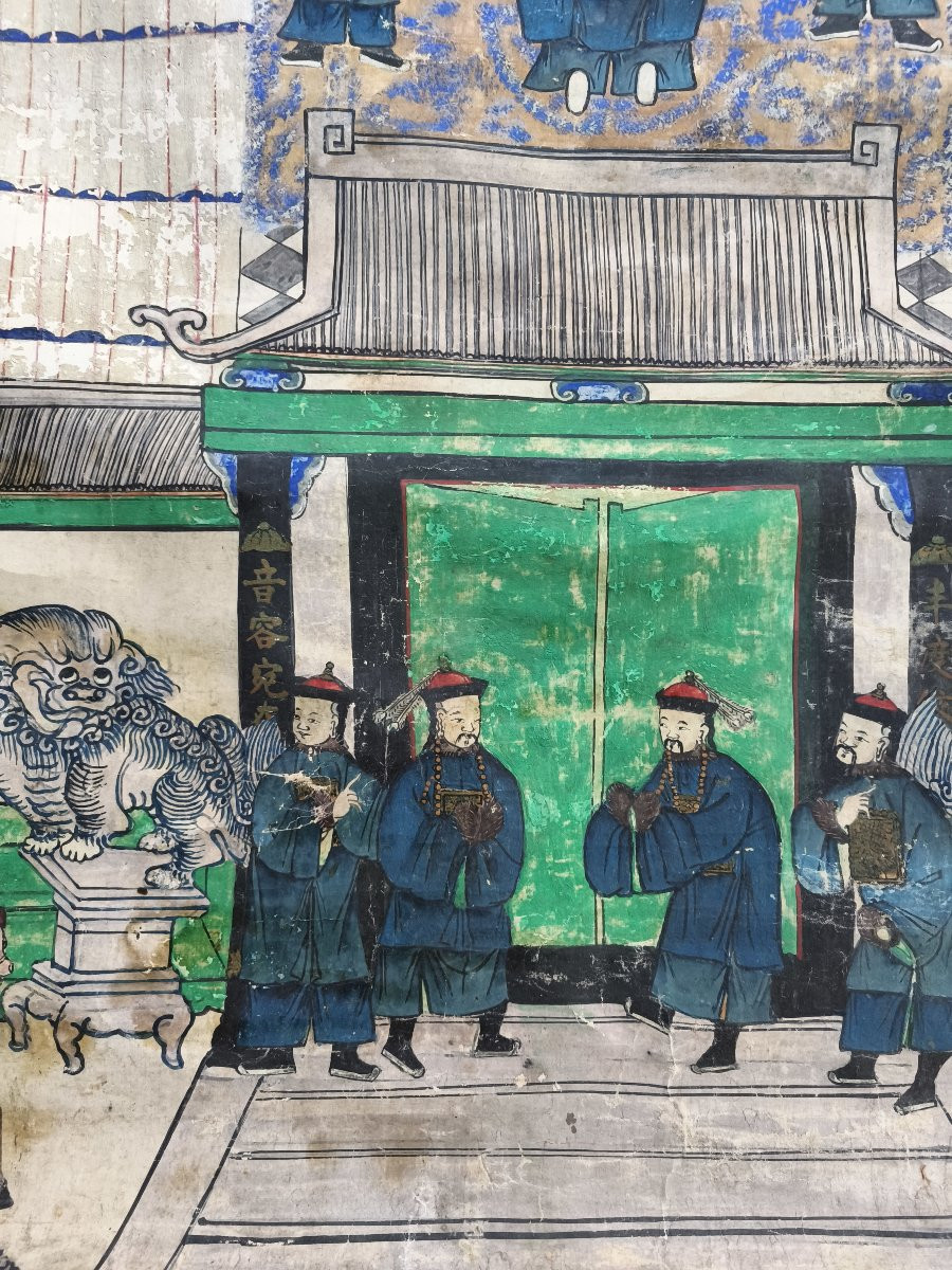 Grand rouleau chinois représentant une scène de culte des ancêtres, XIXe siècle-photo-3