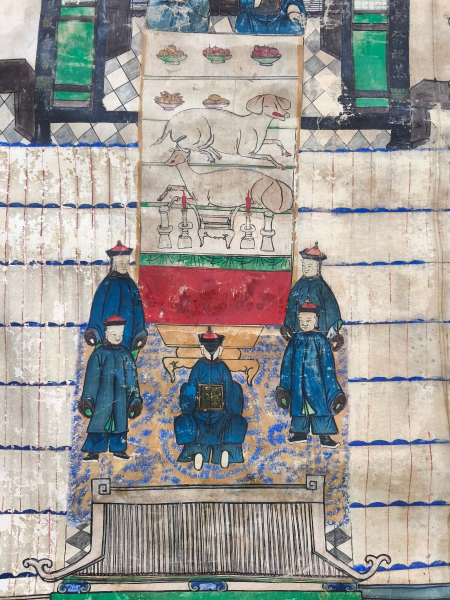 Grand rouleau chinois représentant une scène de culte des ancêtres, XIXe siècle-photo-4