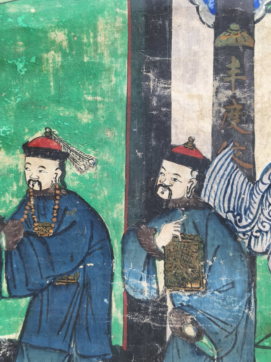 Grand rouleau chinois représentant une scène de culte des ancêtres, XIXe siècle-photo-1