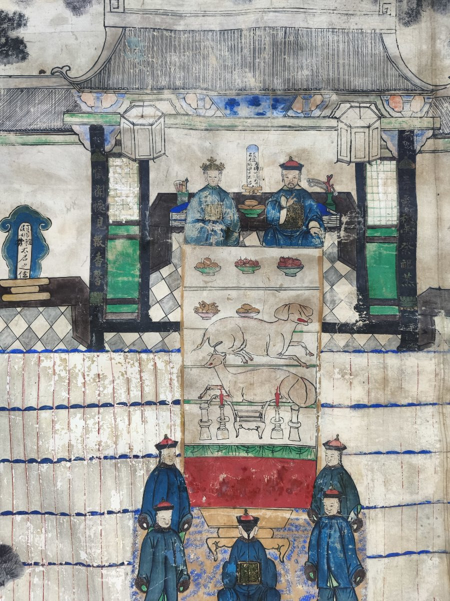 Grand rouleau chinois représentant une scène de culte des ancêtres, XIXe siècle-photo-3