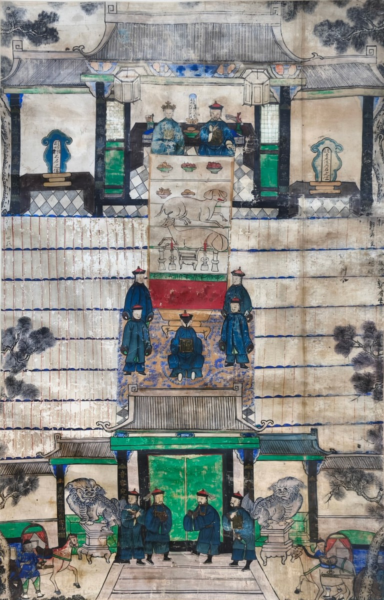 Grand rouleau chinois représentant une scène de culte des ancêtres, XIXe siècle