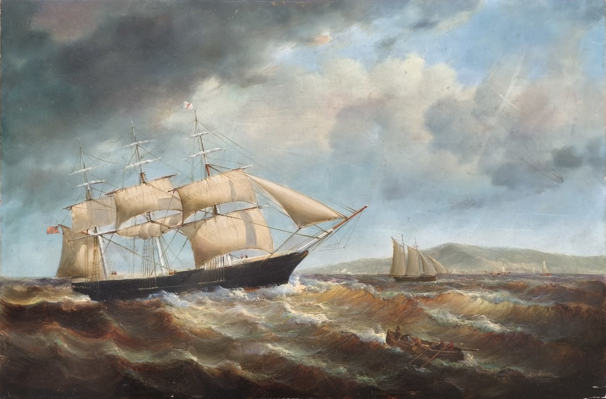 Marine au trois-mâts par temps de tempête, Jean Laurent, vers 1950