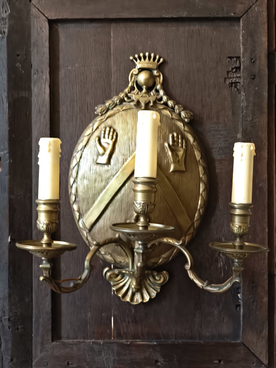 Pair Of Bronze And Brass Armorial Light Reflector Plates 19th Century-photo-3