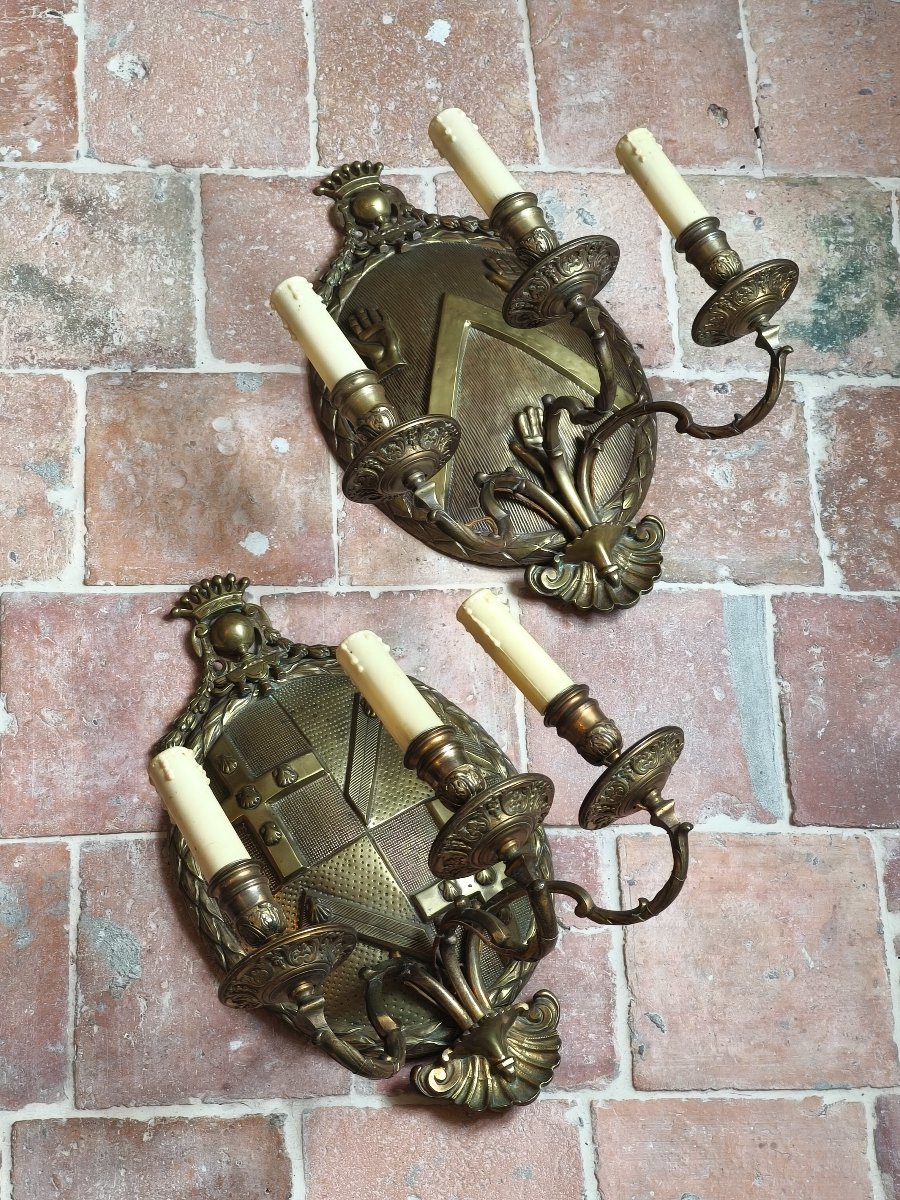 Pair Of Bronze And Brass Armorial Light Reflector Plates 19th Century
