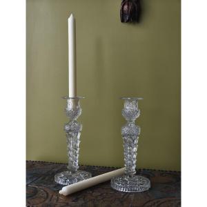 Pair Of Pressed Crystal Candlesticks, Probably Baccarat (pre-1860)