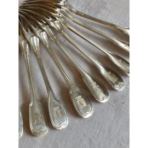 A Set Of 12 Solid Silver Dessert Place Settings, Bearing The Puvis De Chavannes Alliance Coat Of Arms, 19th Century