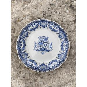 Large Rouen Dish Decorated With Coat Of Arms, 18th Century