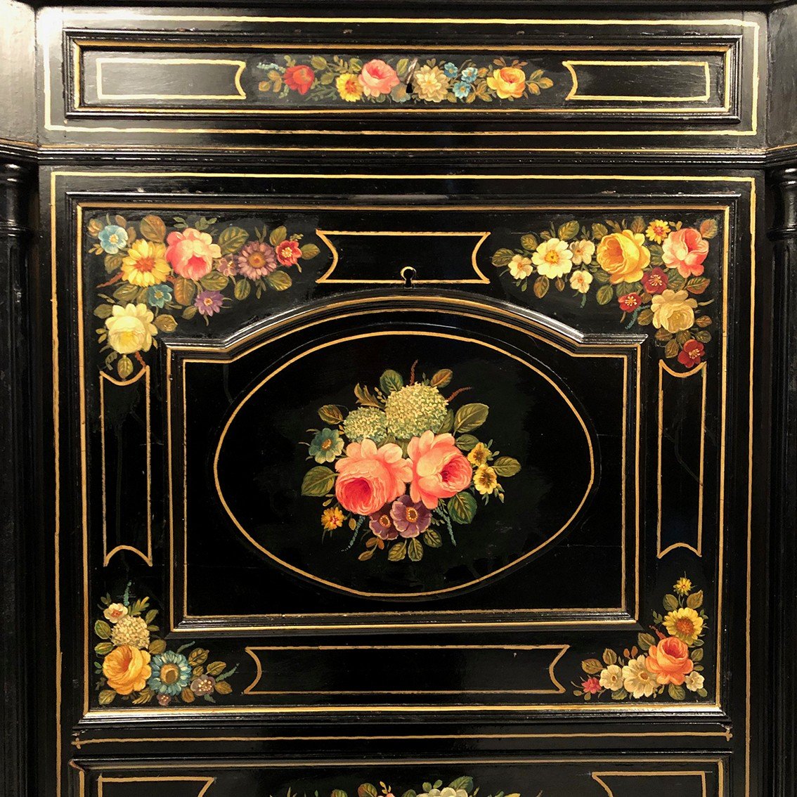Secretary In Lacquered Wood With Rich Flower Decorations On A Black Background, 19th Century-photo-2