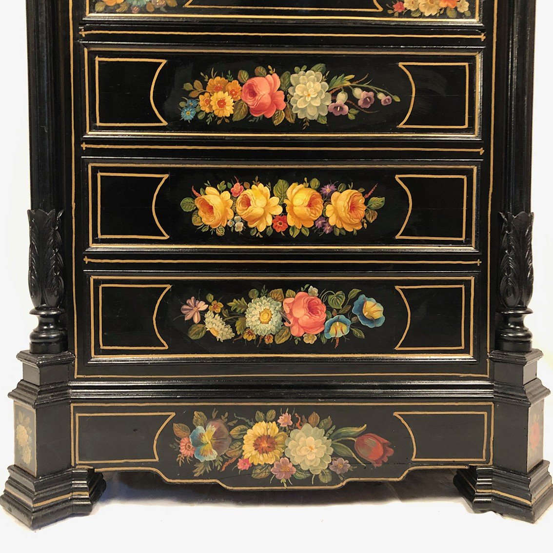 Secretary In Lacquered Wood With Rich Flower Decorations On A Black Background, 19th Century-photo-3