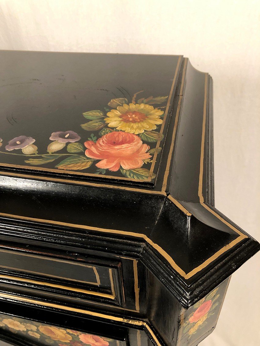 Secretary In Lacquered Wood With Rich Flower Decorations On A Black Background, 19th Century-photo-4