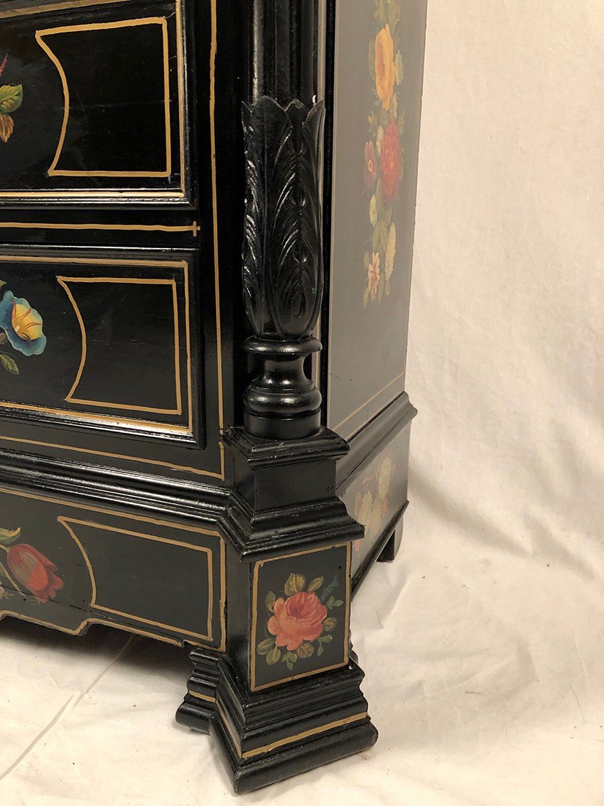 Secretary In Lacquered Wood With Rich Flower Decorations On A Black Background, 19th Century-photo-8