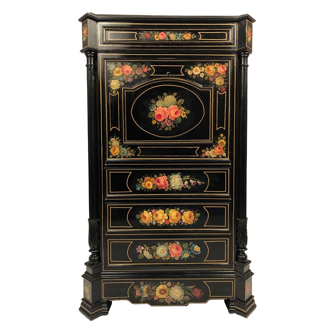 Secretary In Lacquered Wood With Rich Flower Decorations On A Black Background, 19th Century