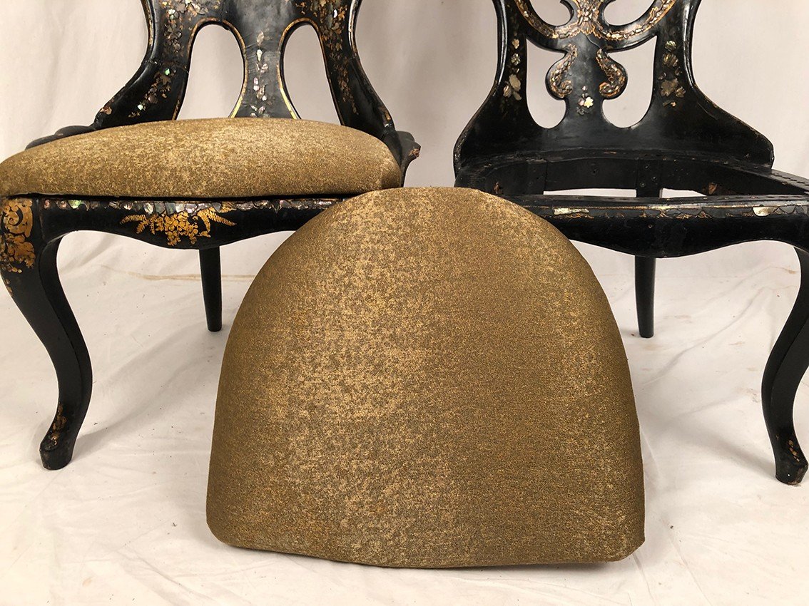 Fake Pair Of Napoleon III Chairs, Blackened Wood And Burgauté Boiled Cardboard-photo-1