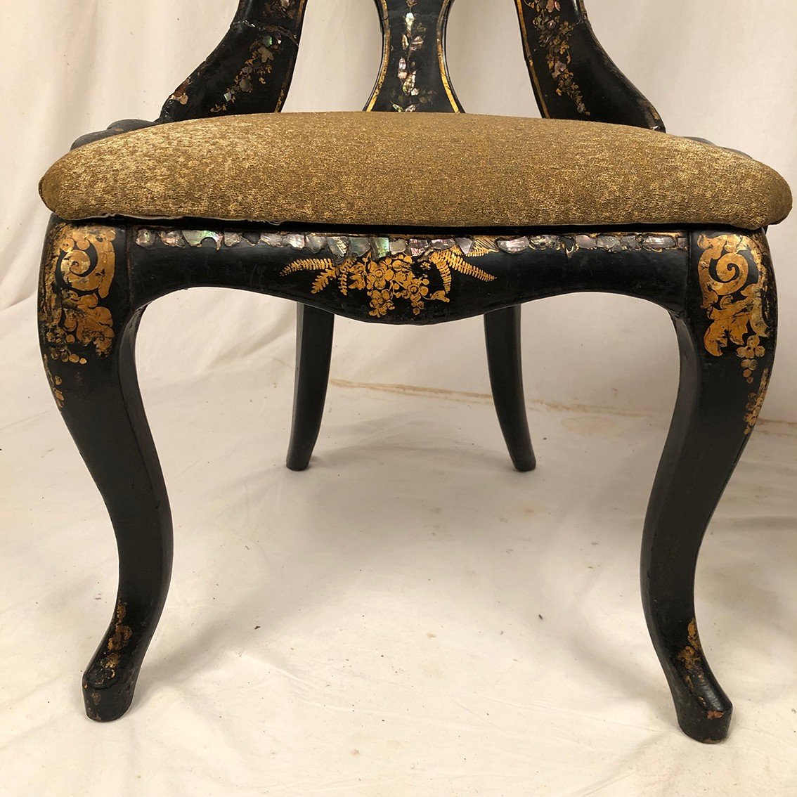 Fake Pair Of Napoleon III Chairs, Blackened Wood And Burgauté Boiled Cardboard-photo-5