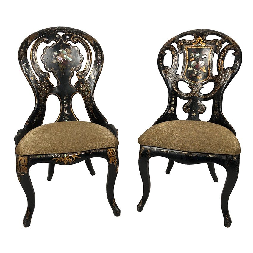 Fake Pair Of Napoleon III Chairs, Blackened Wood And Burgauté Boiled Cardboard