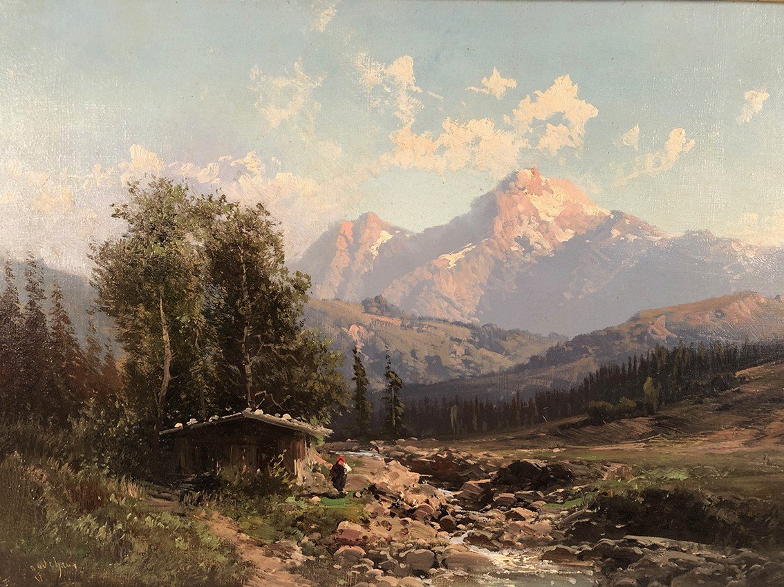 Emile Godchaux (1860-1938), Paysage De Montagne Huile Sur Toile Signée, Encadrée-photo-2