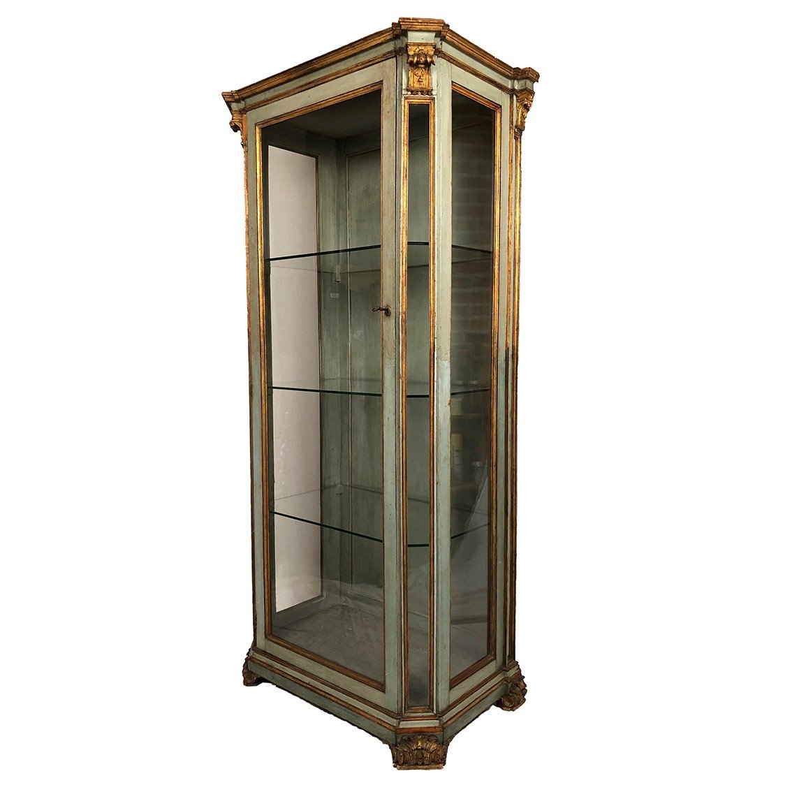 Vitrine En Bois Laqué Bleu/vert, Rechampi Or, Italie XVIIIe-début XIXe