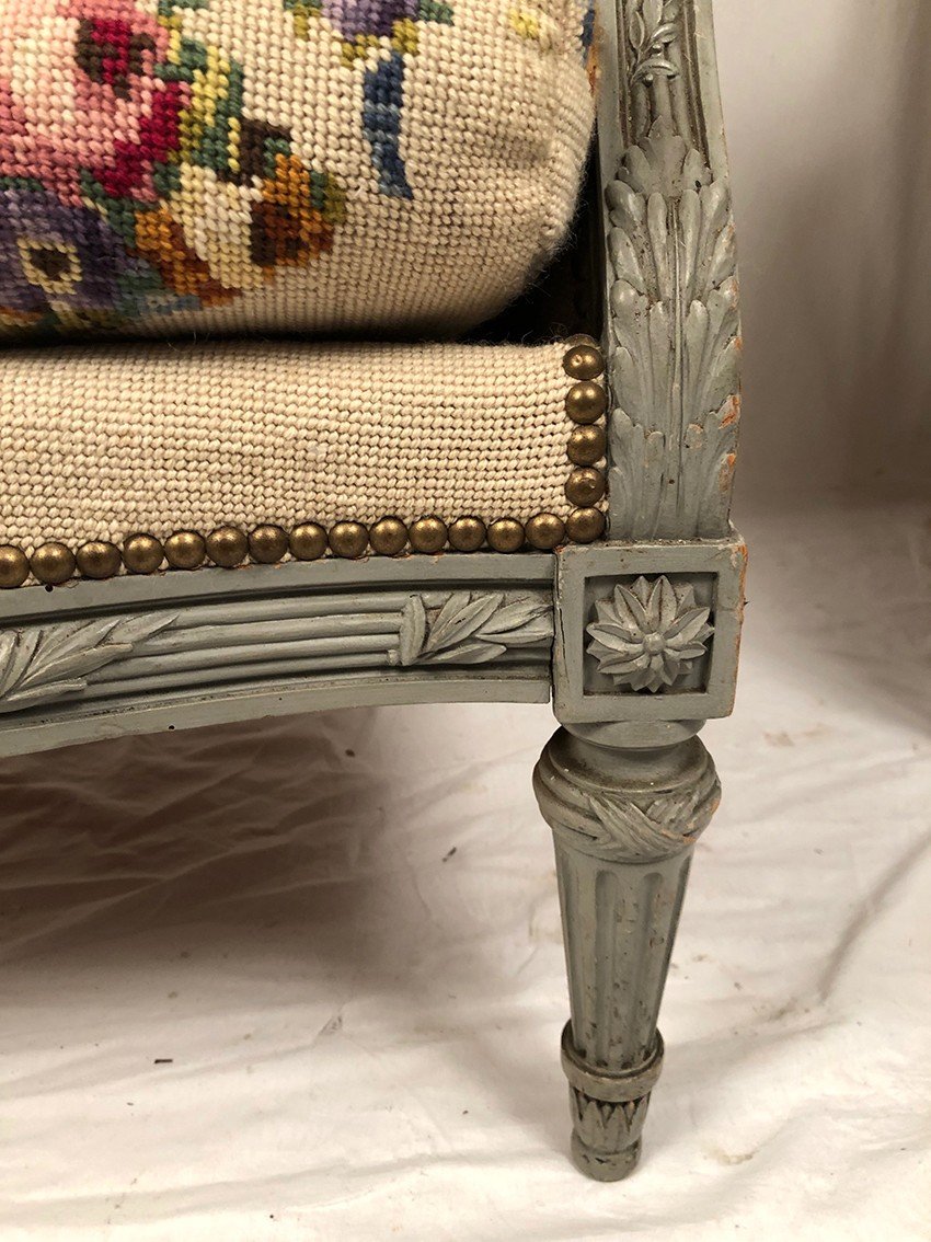 Paire De Bergères à Oreilles De Style Louis XVI En Bois Laqué Gris. Fin XIXe-photo-4