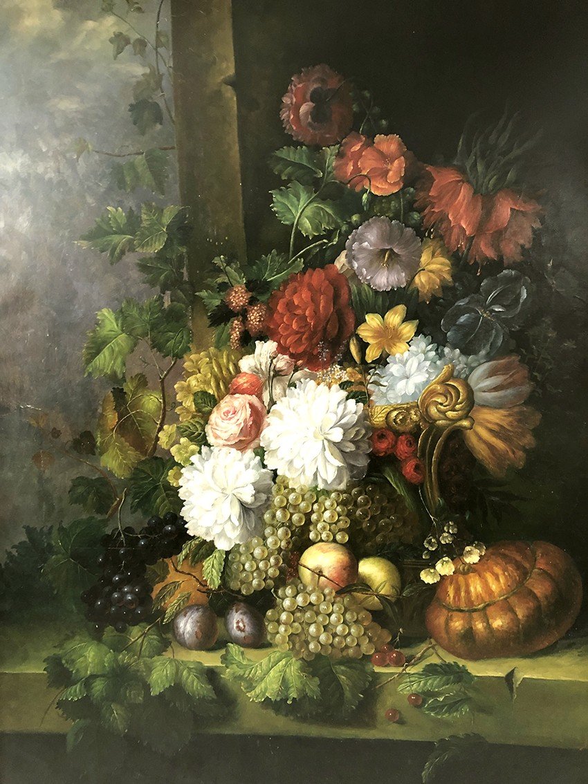 Peter Brooks. Huge Still Life With Flowers And Fruits. Oil On Canvas 20th Century. 2.2mx 1.7m-photo-2
