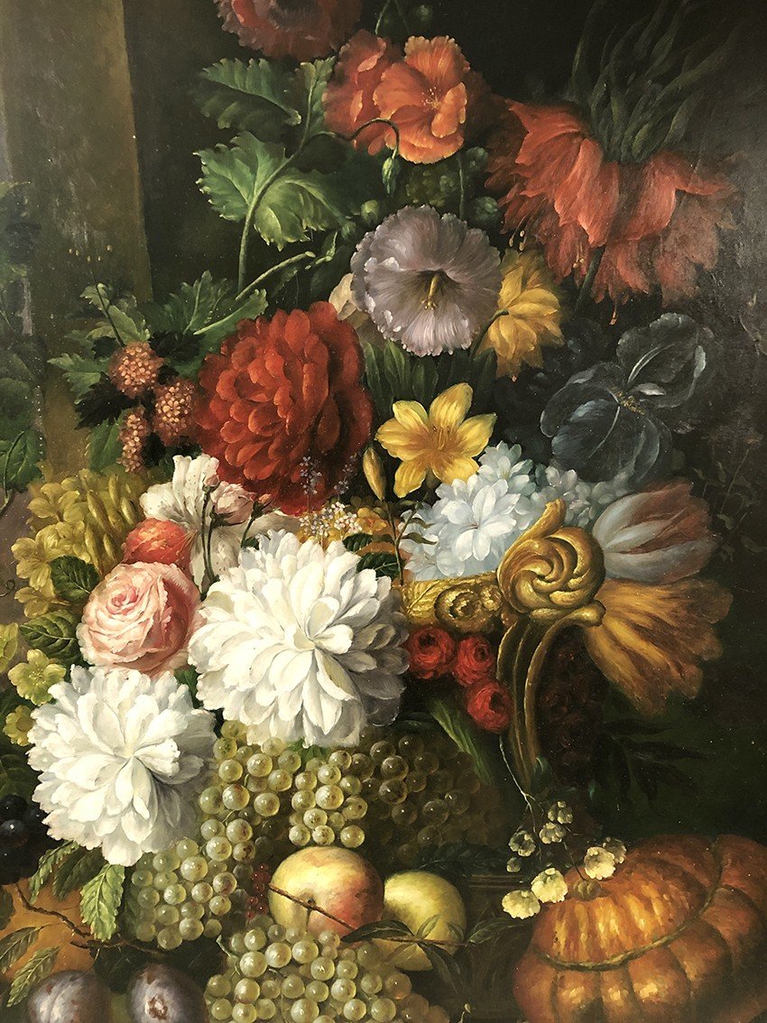 Peter Brooks. Huge Still Life With Flowers And Fruits. Oil On Canvas 20th Century. 2.2mx 1.7m-photo-3