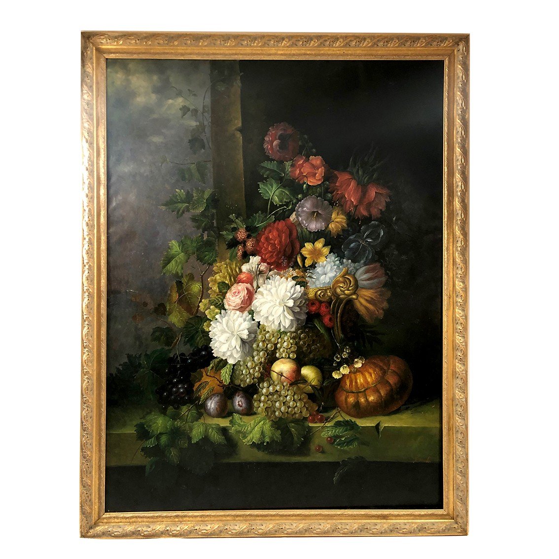 Peter Brooks. Huge Still Life With Flowers And Fruits. Oil On Canvas 20th Century. 2.2mx 1.7m