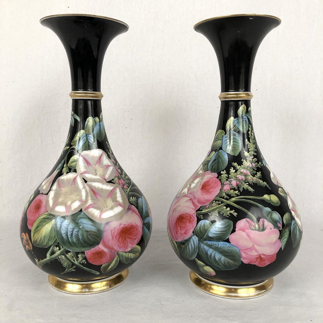Pair Of Porcelain Baluster Vases Decorated With Flowers On A Black Background, Napoleon III Period-photo-1