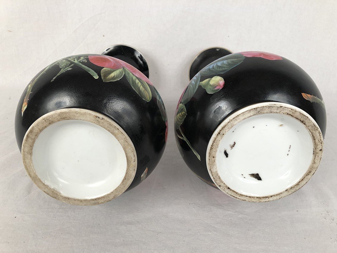 Pair Of Porcelain Baluster Vases Decorated With Flowers On A Black Background, Napoleon III Period-photo-2