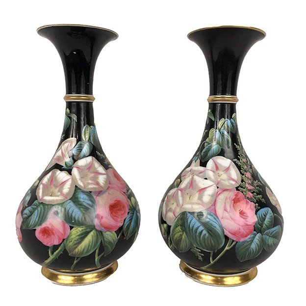 Pair Of Porcelain Baluster Vases Decorated With Flowers On A Black Background, Napoleon III Period
