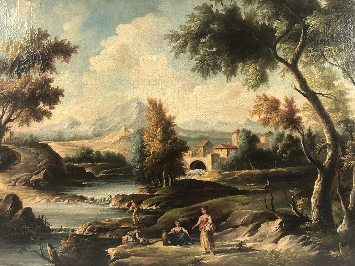 Italian School, Large Oil On Canvas In The Taste Of The 18th Century. Animated Landscape-photo-2
