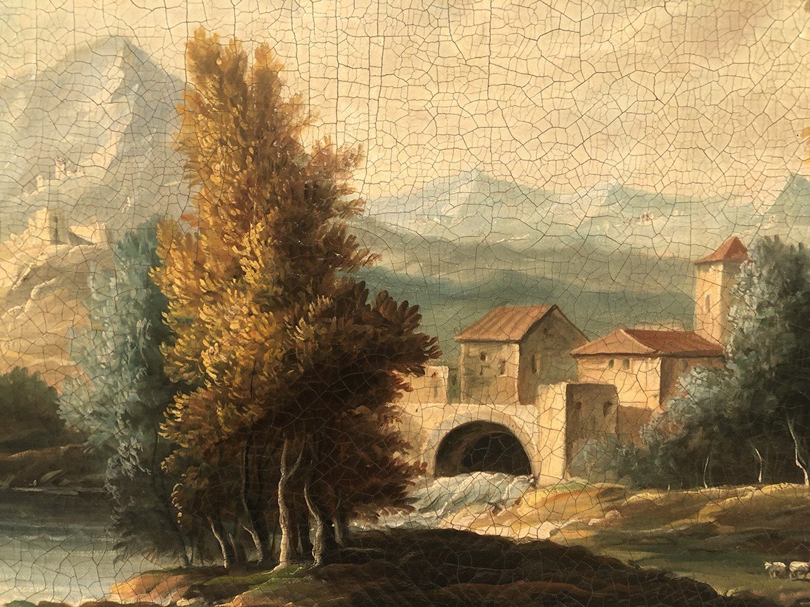 Italian School, Large Oil On Canvas In The Taste Of The 18th Century. Animated Landscape-photo-4