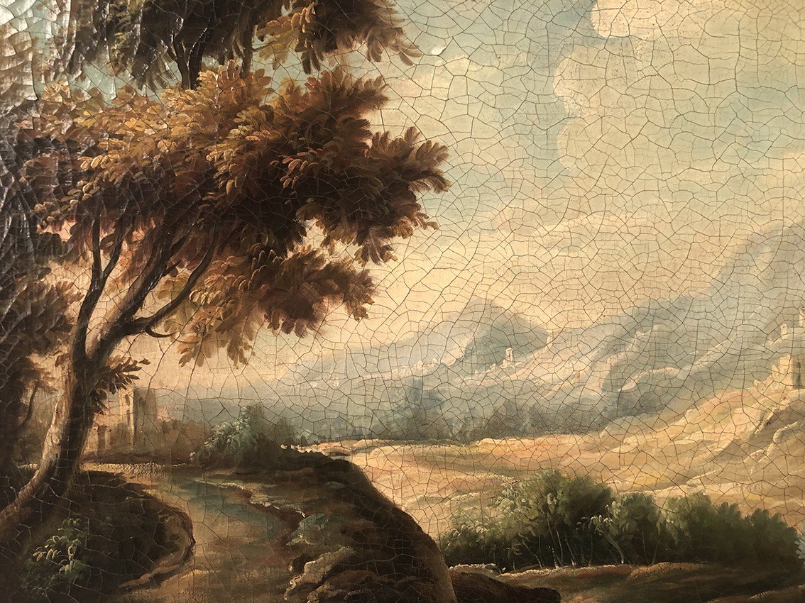Italian School, Large Oil On Canvas In The Taste Of The 18th Century. Animated Landscape-photo-2