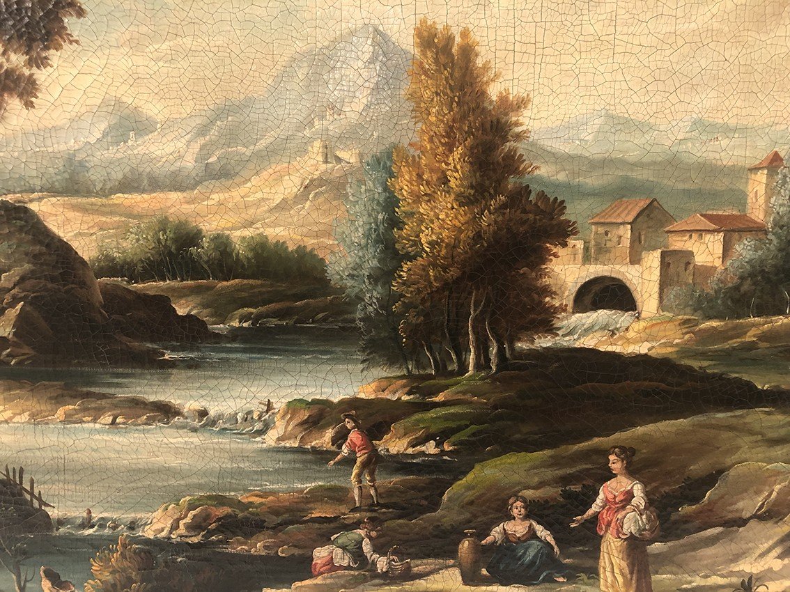 Italian School, Large Oil On Canvas In The Taste Of The 18th Century. Animated Landscape-photo-3