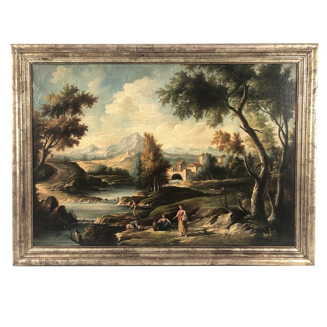 Italian School, Large Oil On Canvas In The Taste Of The 18th Century. Animated Landscape