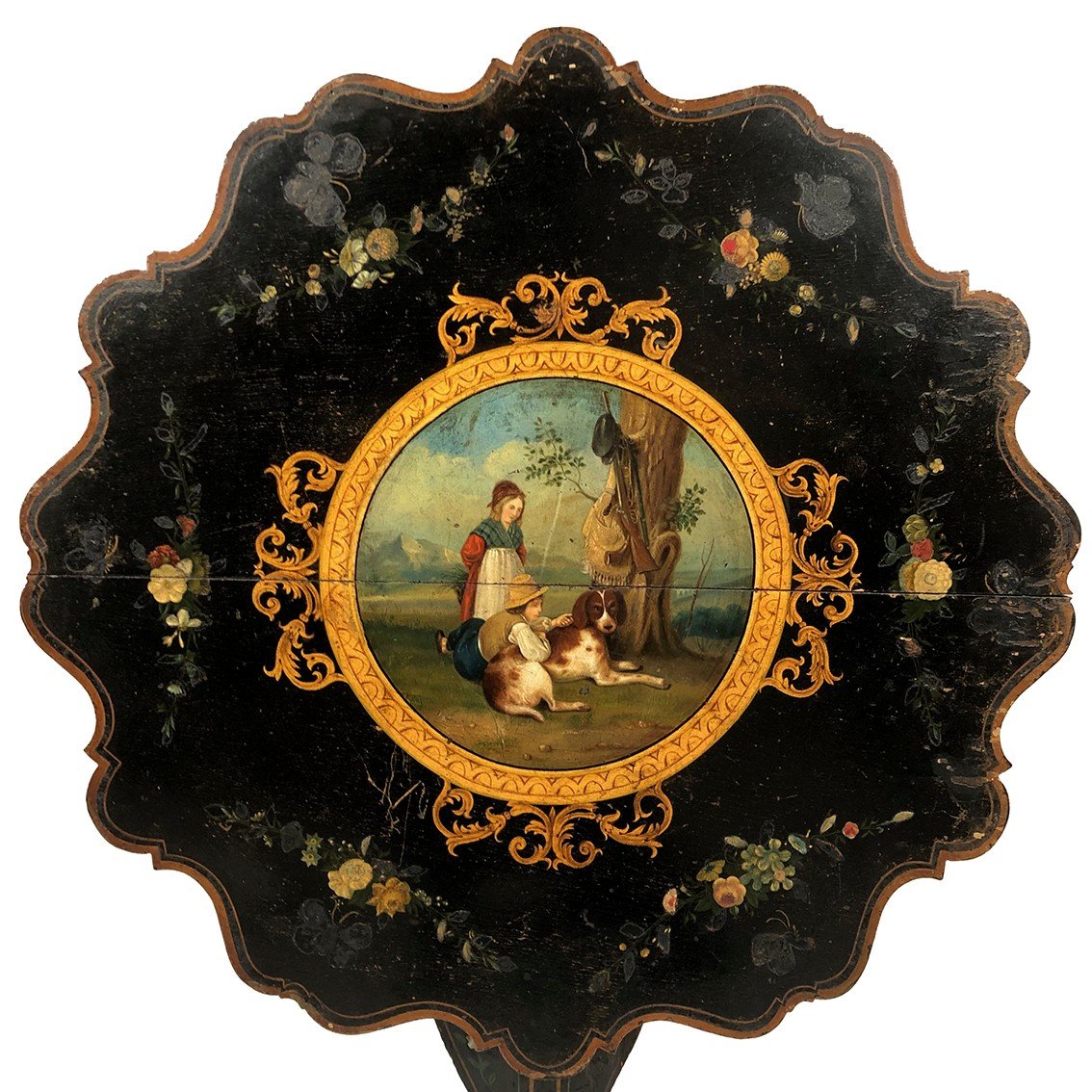 Tilting Pedestal Table With Scrolled Top Decorated With A Painted Central Medallion, Napoleon III Period-photo-2