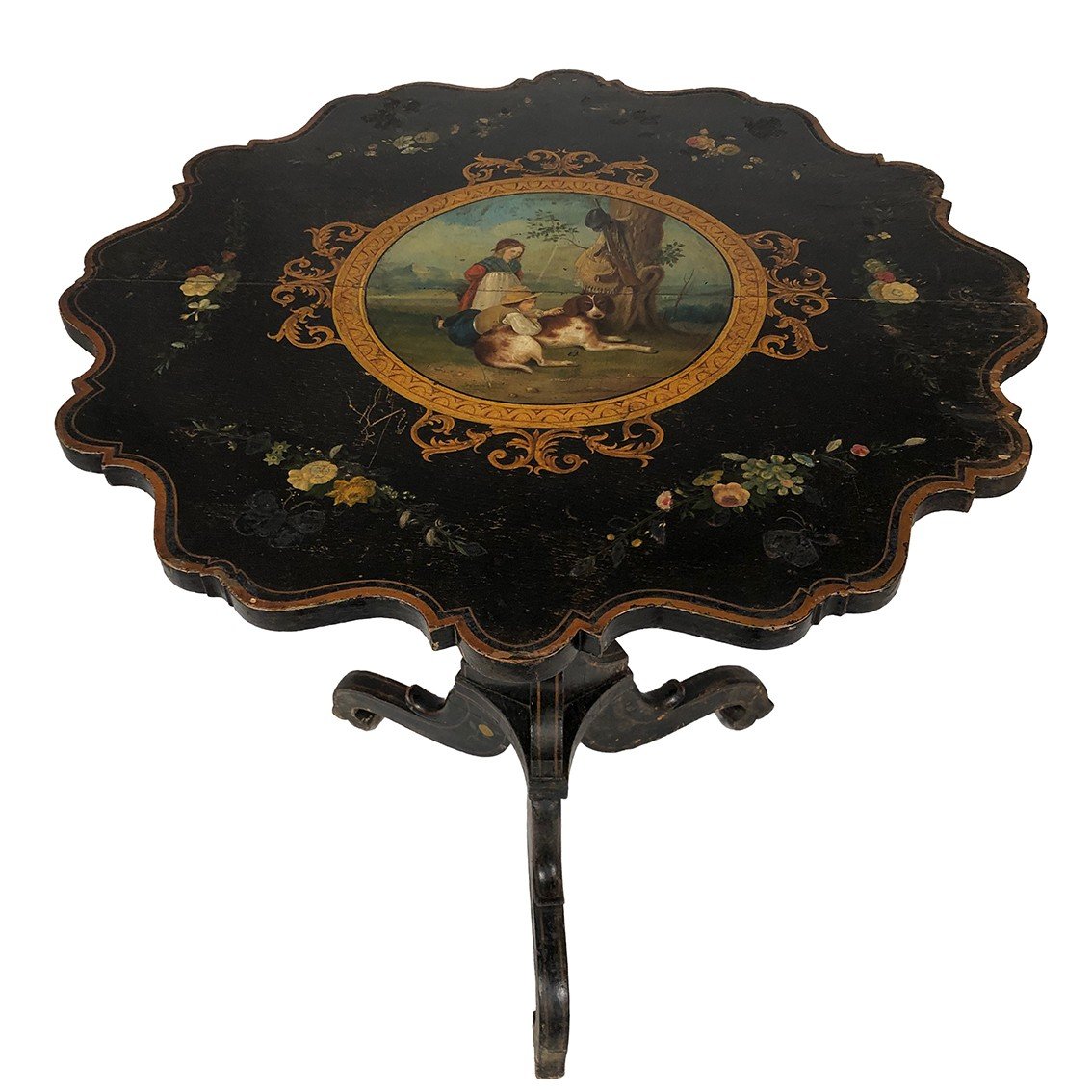 Tilting Pedestal Table With Scrolled Top Decorated With A Painted Central Medallion, Napoleon III Period-photo-2