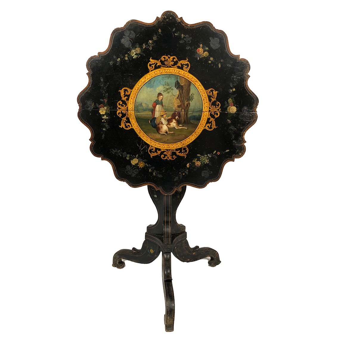 Tilting Pedestal Table With Scrolled Top Decorated With A Painted Central Medallion, Napoleon III Period